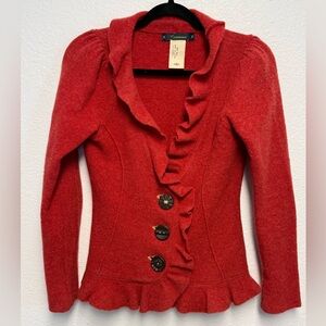 Cartonnier Anthropologie Red Wool Ruffle Peplum Cardigan Jacket Medium